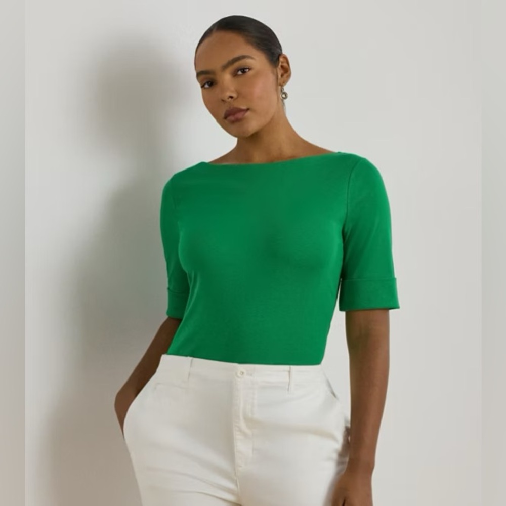 169 Lauren Ralph Lauren Teal Cotton Boat Neck Elbow Sleeve Tee Top